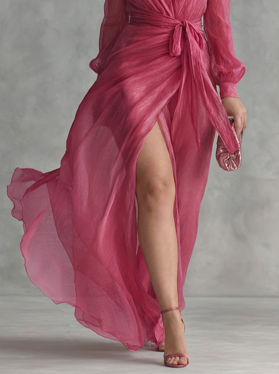 Elegante lange roze chiffon jurk met parels en V-hals voor dames