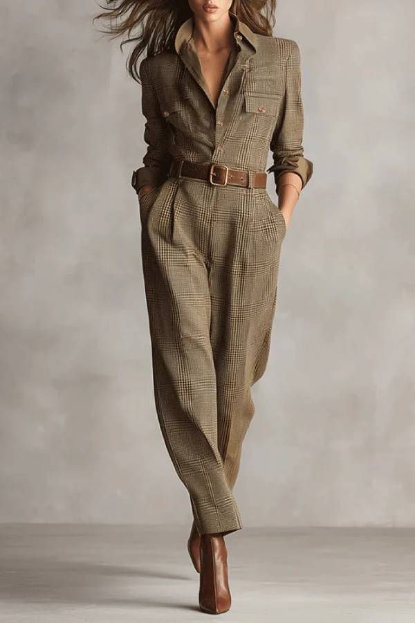 Ember - Bruin Verfijnd Tweed Textuur Ruit Utility Jumpsuit