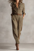 Ember - Bruin Verfijnd Tweed Textuur Ruit Utility Jumpsuit