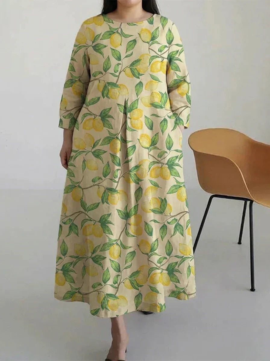 Wynne | Casual Citroenboom Print Lange Mouwen Midi Jurk