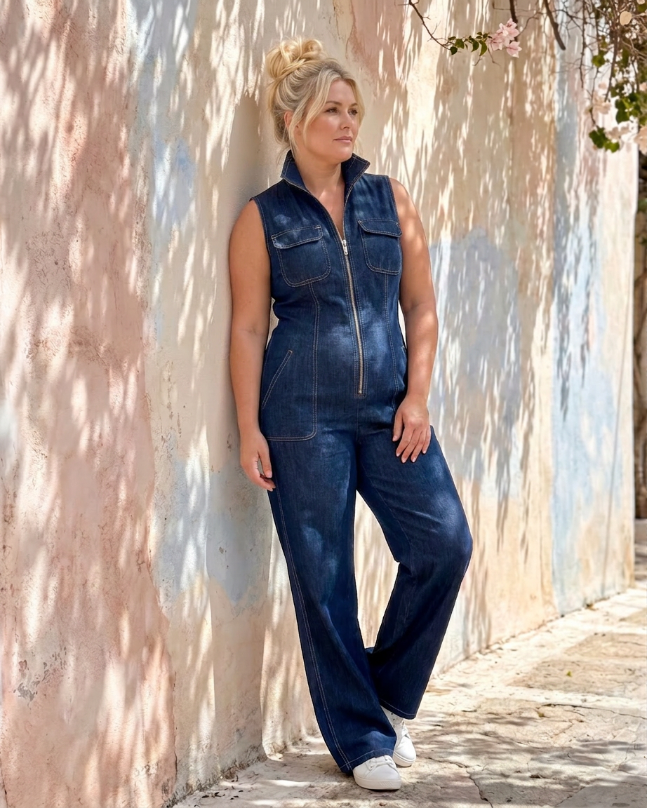 Freya | Zip Front Mouwloze Denim Wijde Pantalon Jumpsuit