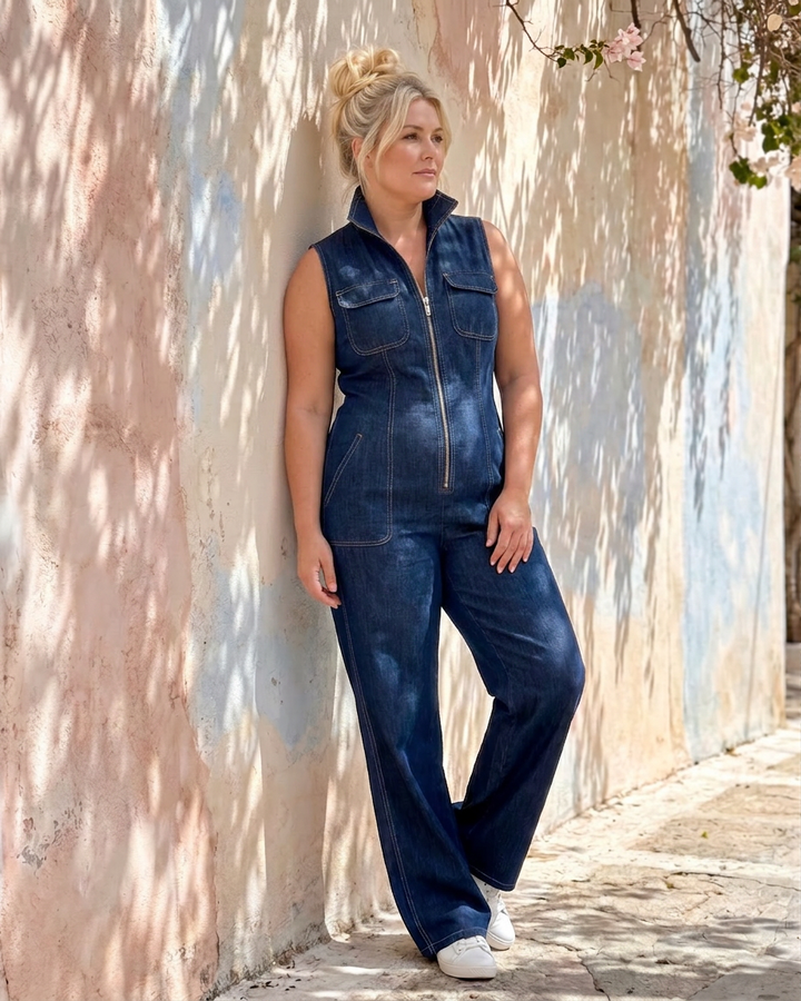 Freya | Zip Front Mouwloze Denim Wijde Pantalon Jumpsuit