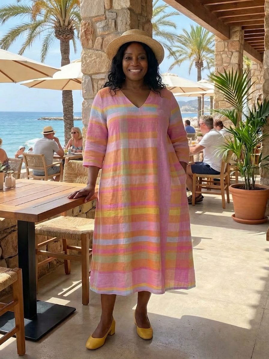 Jolie | Gemakkelijk Drape Stripe Midi Jurk