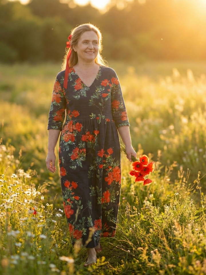Hana | Kalme Drapé Bloemen Midi Jurk