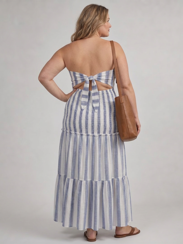 Perdita | Strapless Tiered Stripe Skirt Midi Dress