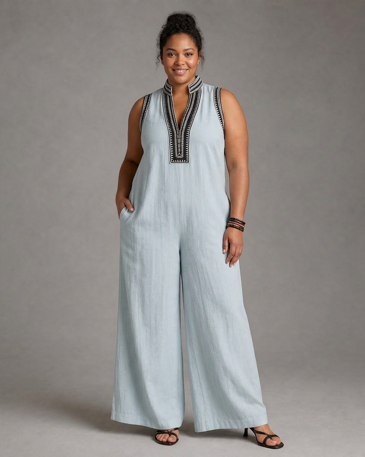 Wilhelmina | Geborduurde V-hals Mouwloze Wijde Pantalon Jumpsuit