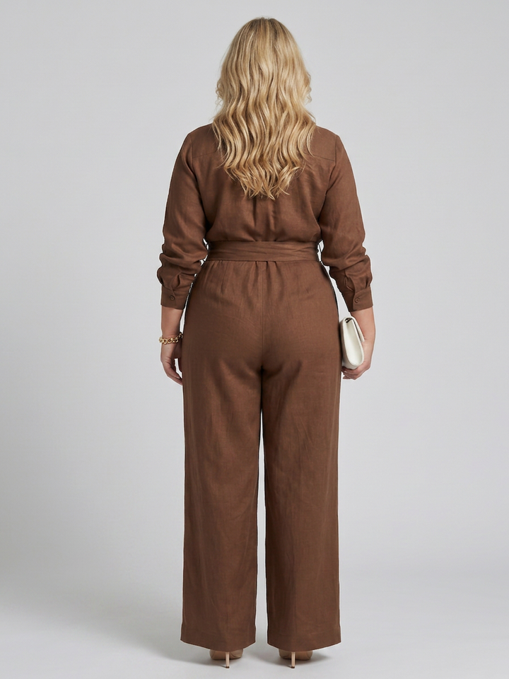 Bonnie | Lange Mouwen Knop Voorkant Wijde Pijpen Jumpsuit