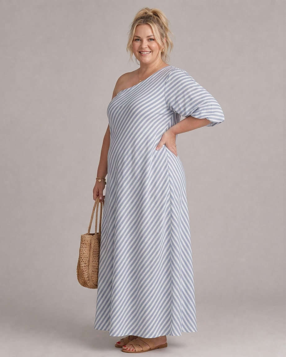 Seraphina | Gestreepte Off Shoulder Puff Sleeve Midi Jurk