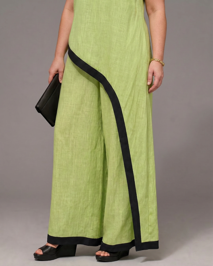 Genevieve | Mouwloze Gelaagde Top met Contrastafwerking en Brede Pantalon Set
