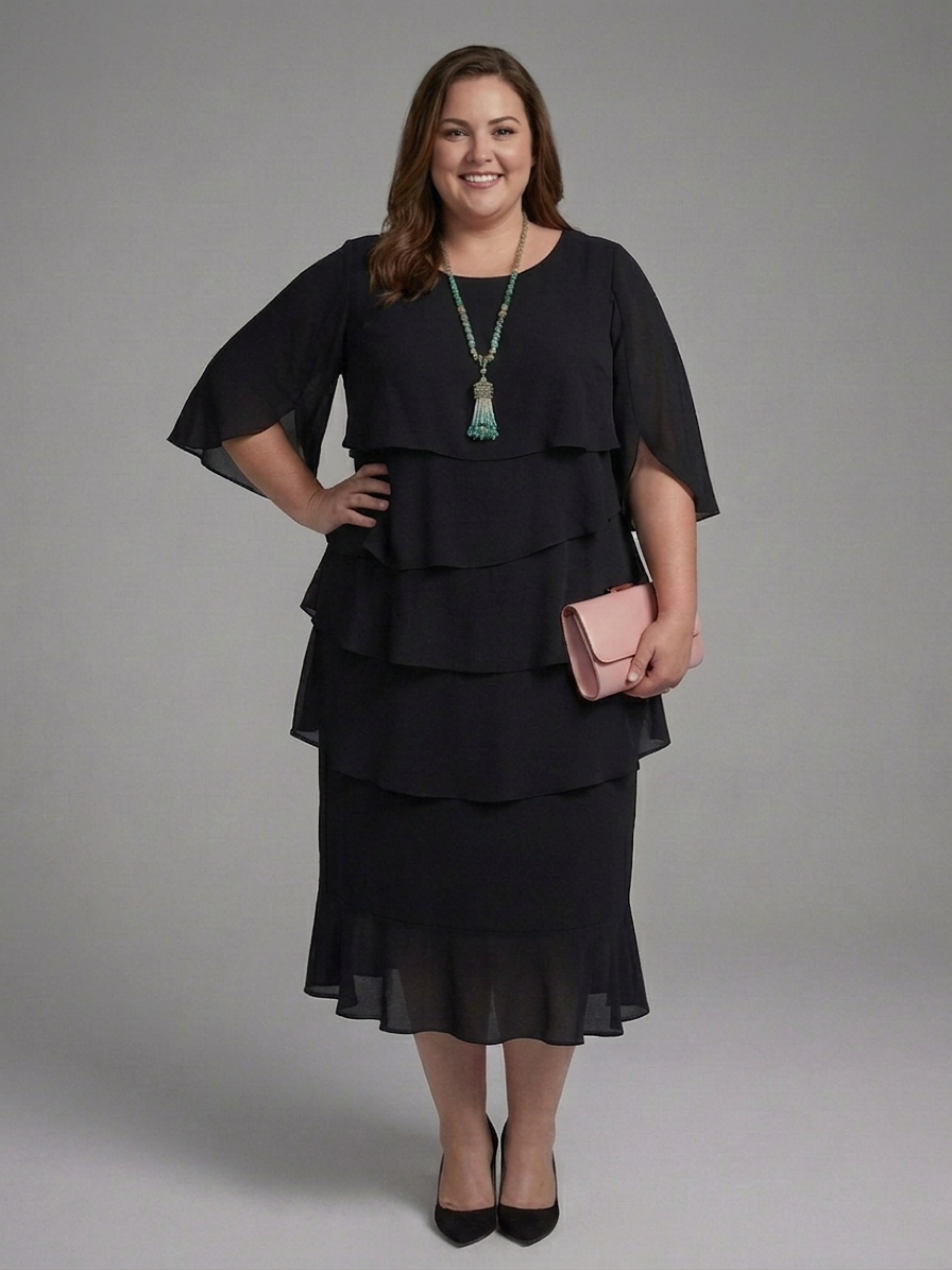 Rhea | Midi Jurk met Laagjes Mouwen