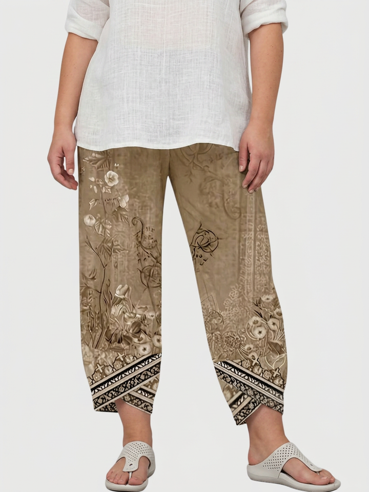 Olwen | Vintage Bloemen Capri Broek Met Elastische Taille