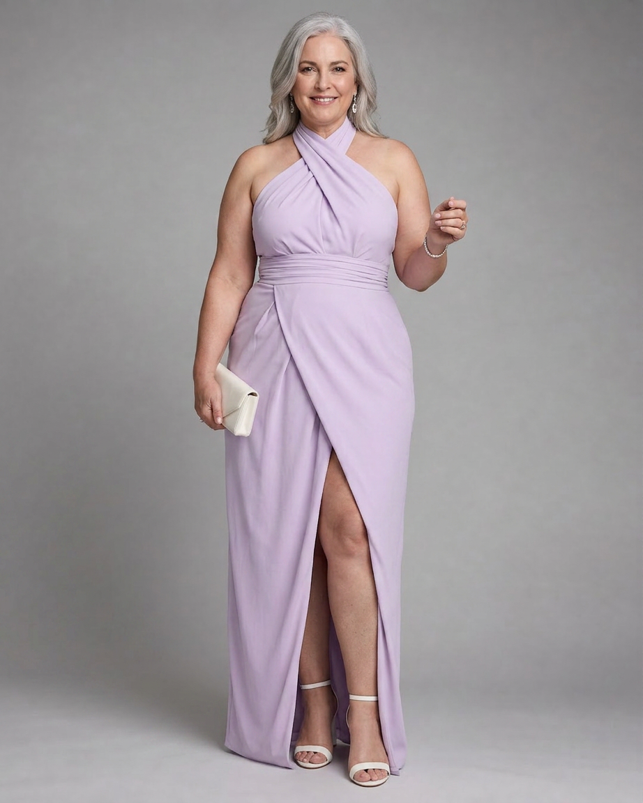 Nia | Cross Halter Draped Side Slit Midi Jurk