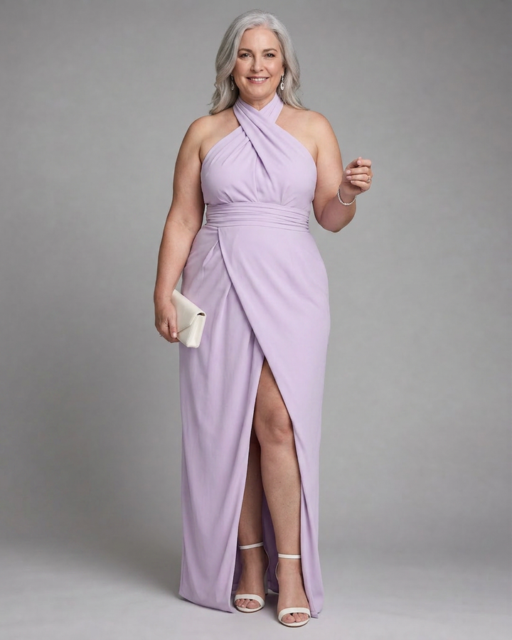 Nia | Cross Halter Draped Side Slit Midi Jurk