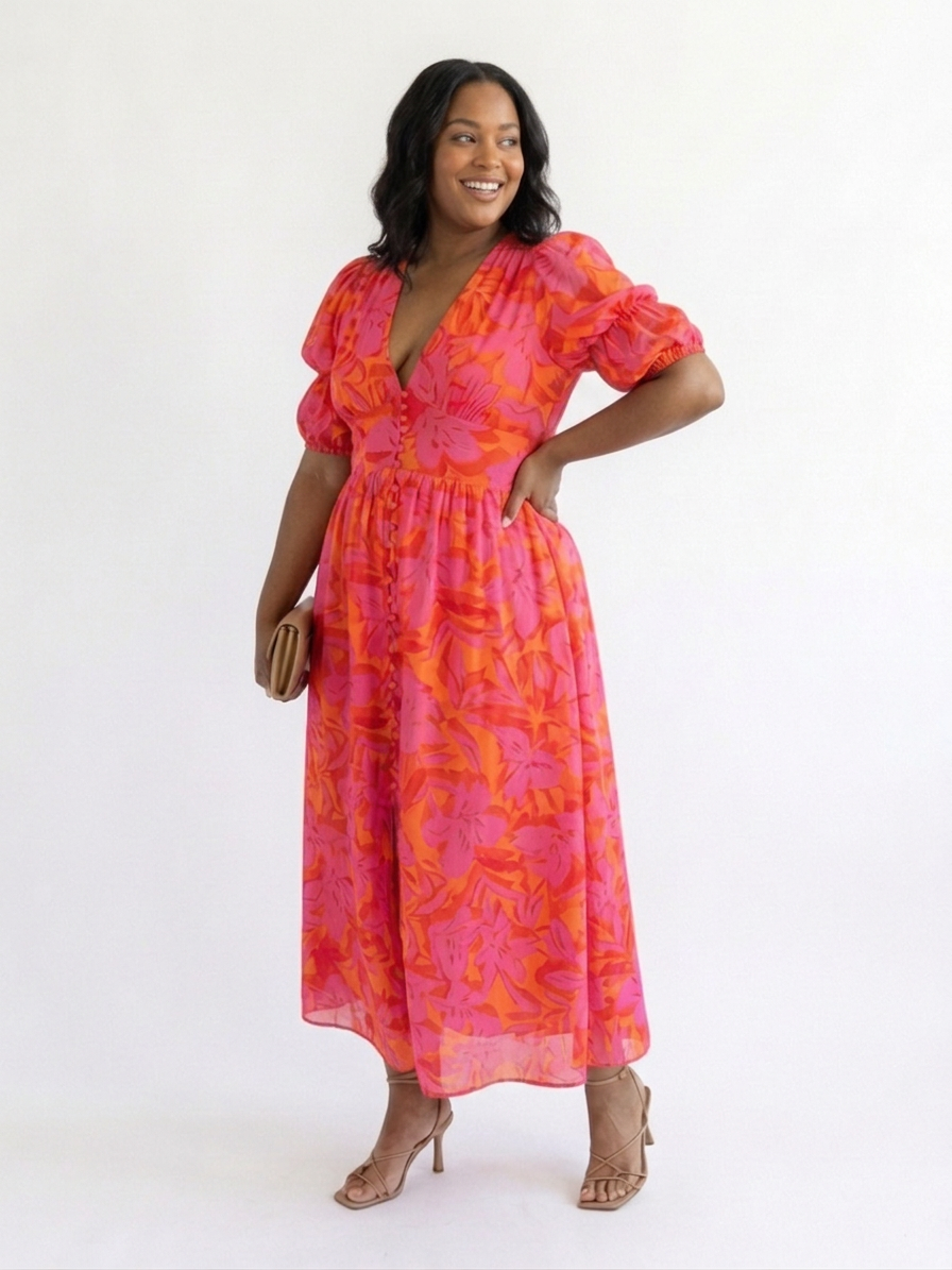 Beatrice | Bloemen V-Hals Puff Sleeve Midi Jurk
