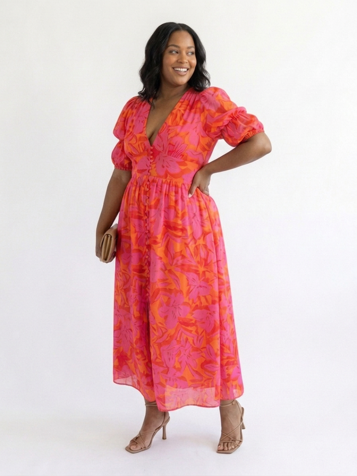 Beatrice | Bloemen V-Hals Puff Sleeve Midi Jurk