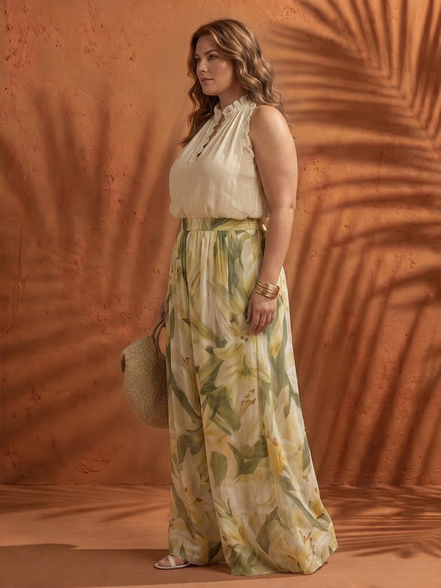 Ila | Halter Nek Blouse Bloemige Brede Pantalon Set