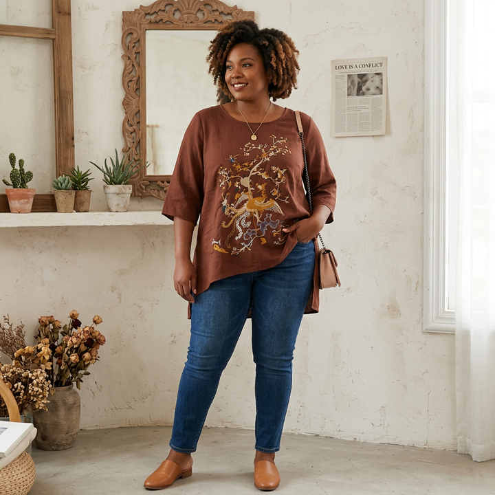 Anwen - Pure Katoenen Geborduurd Comfortabel Top