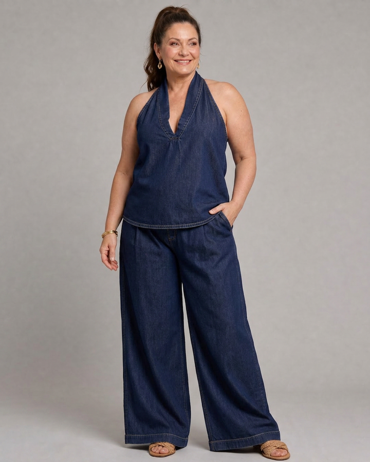 Opaline | Halter Neck Denim Top en Brede Pantalon Set