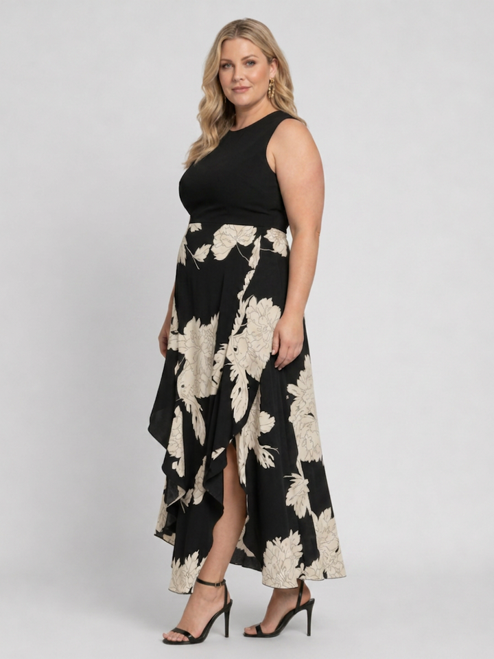 Shiloh | Mouwloze Bloemenprint Midi-jurk met Hoge Laag Zoom