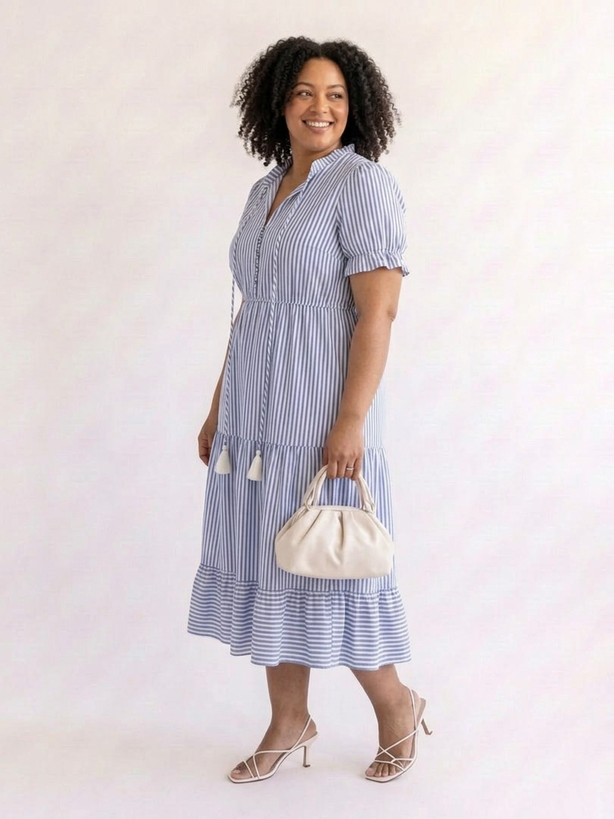 Oleander | Korte Mouw Gestreepte Tiered Midi Jurk