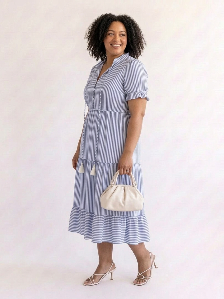 Oleander | Korte Mouw Gestreepte Tiered Midi Jurk