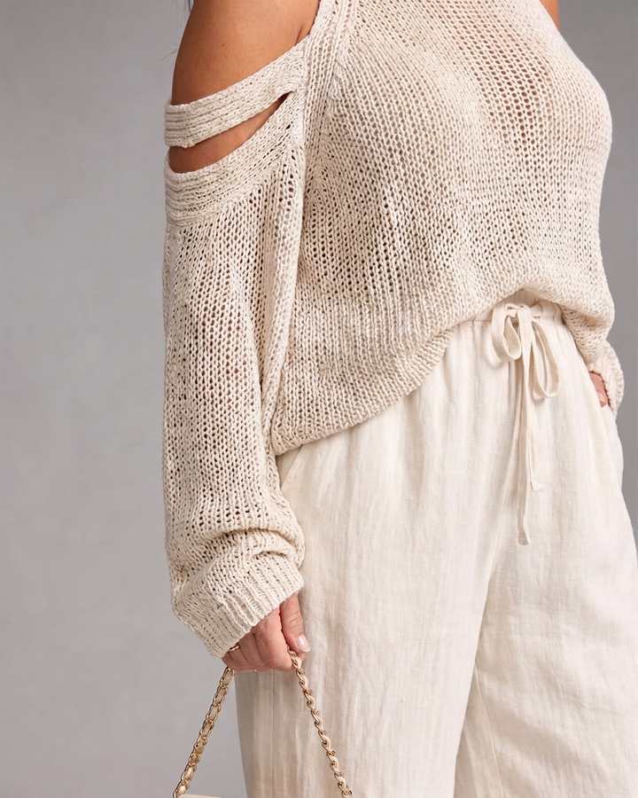 Vesper | Koud Schouder Gebreide Trui Wijde Pantalon Set