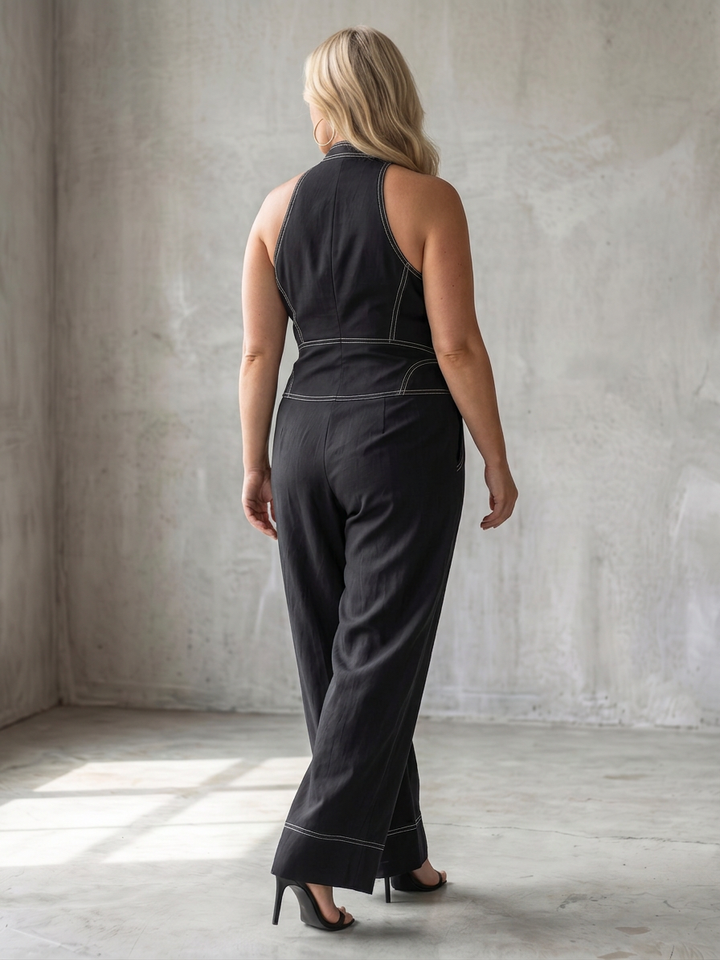 Nell | Zip Front Contrast Stitch Wide Leg Jumpsuit