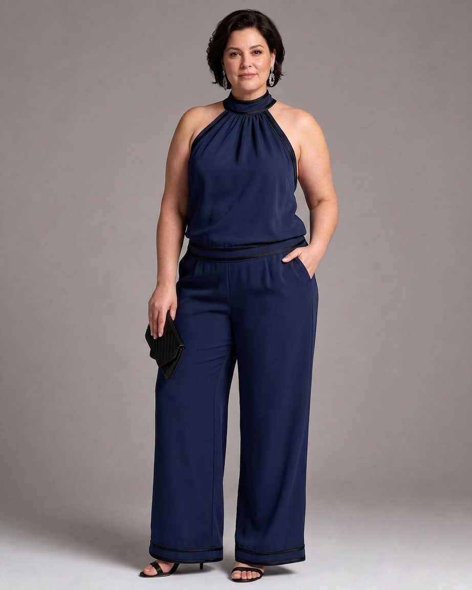 Saffraan | Contrast Trim Halter Neck Wijde Pijpen Jumpsuit