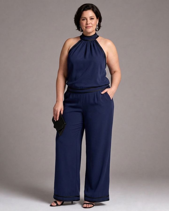 Saffraan | Contrast Trim Halter Neck Wijde Pijpen Jumpsuit