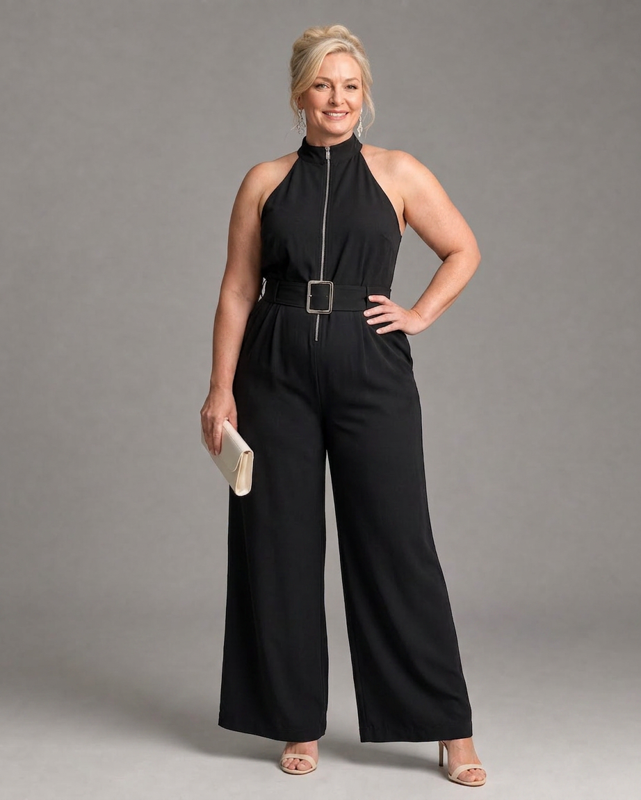 Fleur | Hoge Hals Met Ceintuur Brede Pijpen Mouwloze Jumpsuit