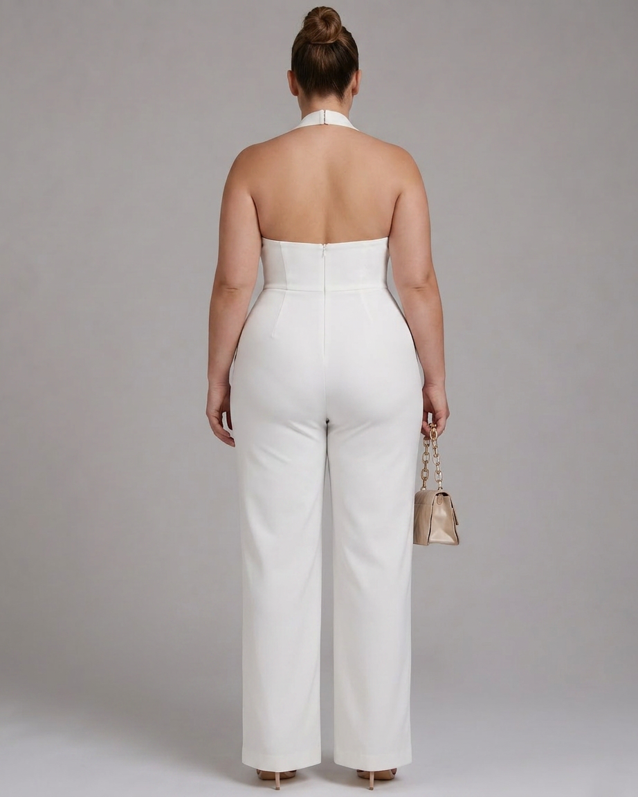 Amina | Halter Nek Brede Pijp Mouwloos Jumpsuit