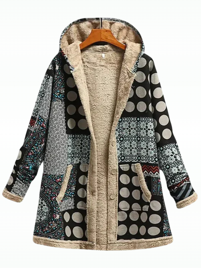 Dames Gevoerde Parka met Capuchon en Patchwork Print