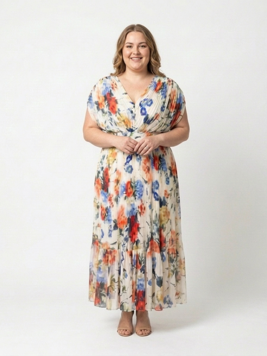 Coraline | Korte Mouw Geplooide Bloemen Midi Jurk