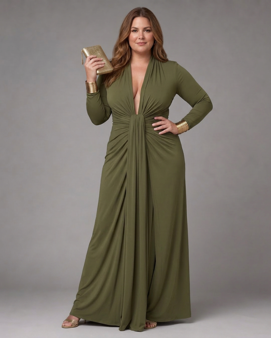 Vienne | Draped Diepe V-Hals Lange Mouwen Maxi Jurk
