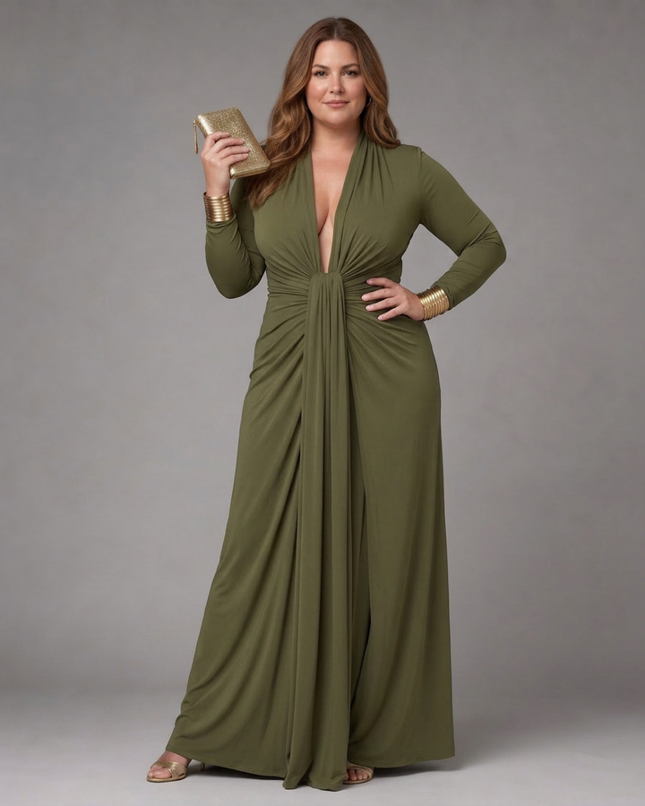 Vienne | Draped Diepe V-Hals Lange Mouwen Maxi Jurk