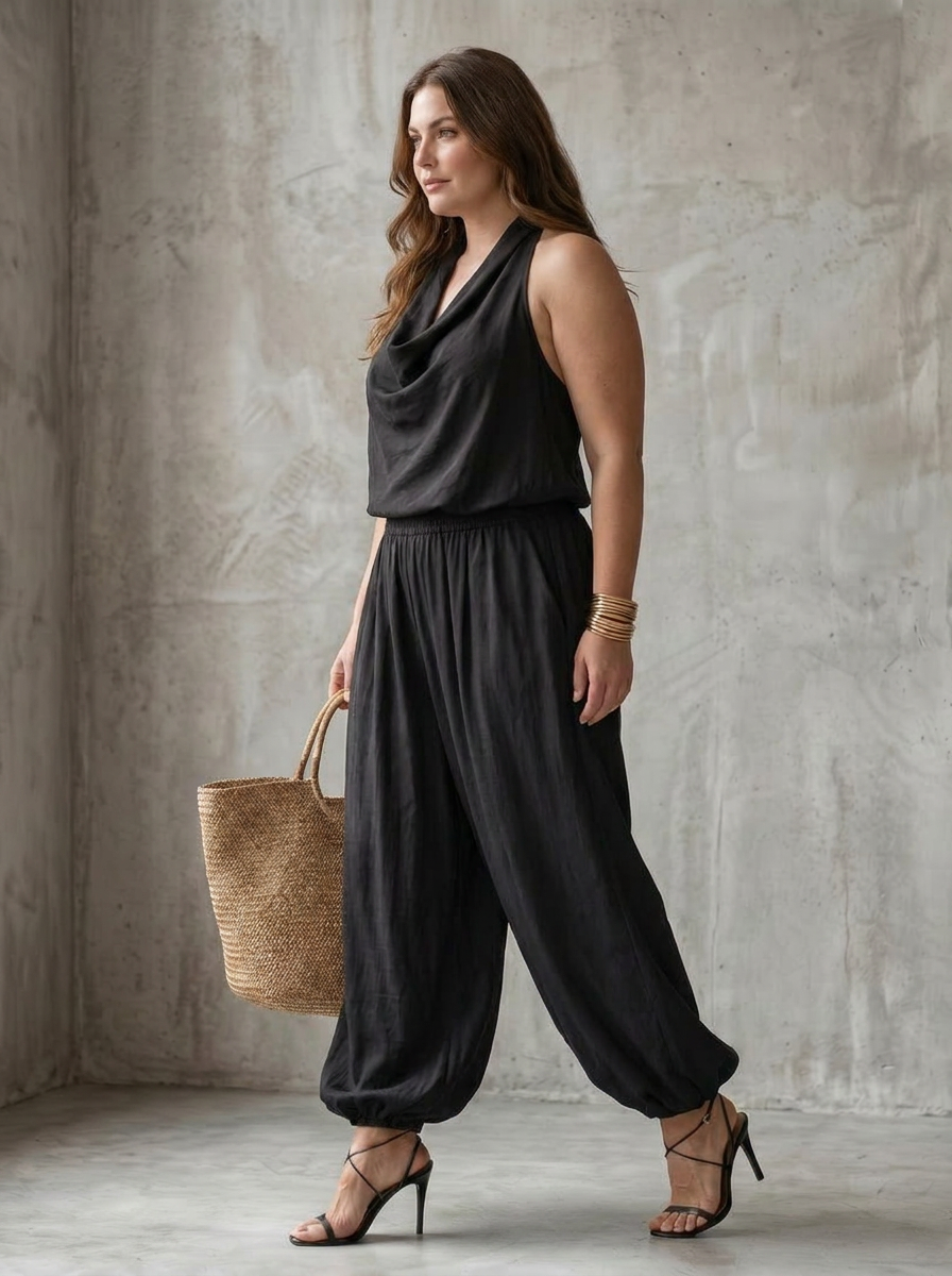 Soleil | Drape Neck Fluid Top Wide Leg Set