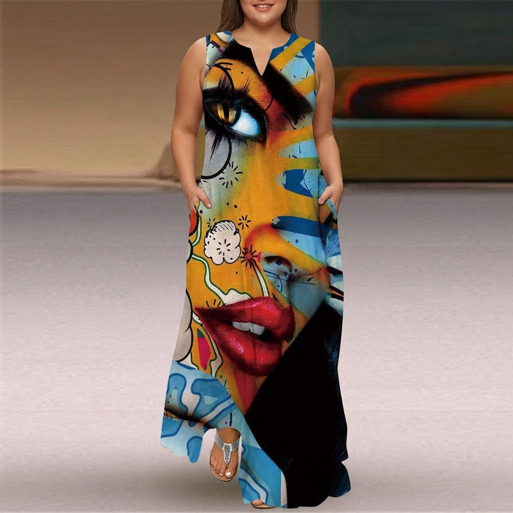 Eira | V-Hals Mouwloze Pop Art Maxi Jurk