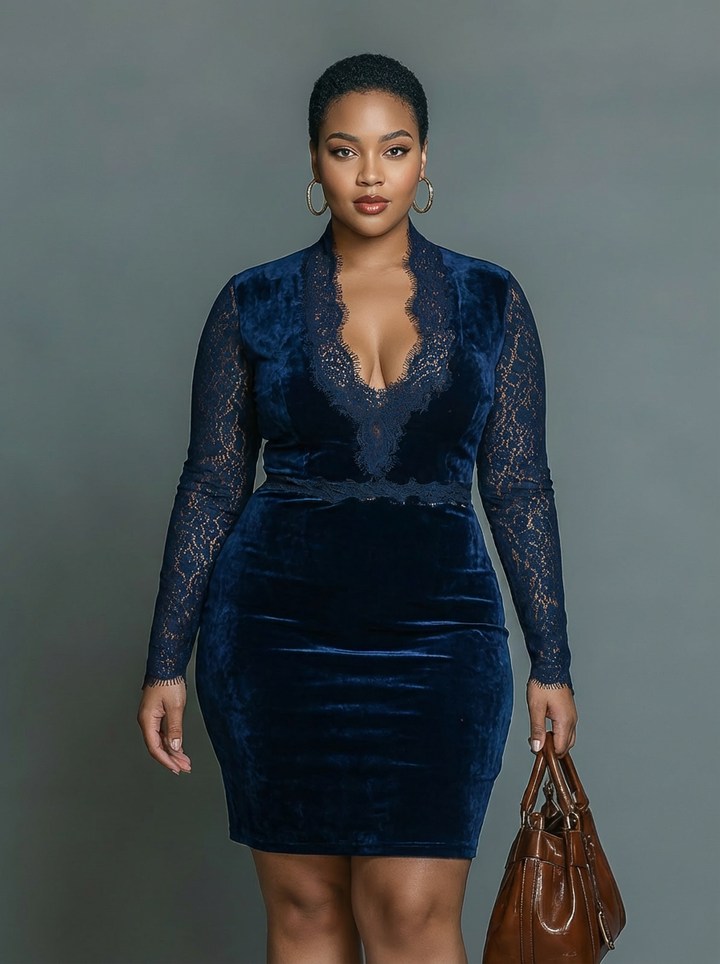 Elegante en Modieuze Donkerblauwe Fluwelen Midi Slim-fit V-hals Jurk voor Vrouwen met Kant Halslijn en Mouwen