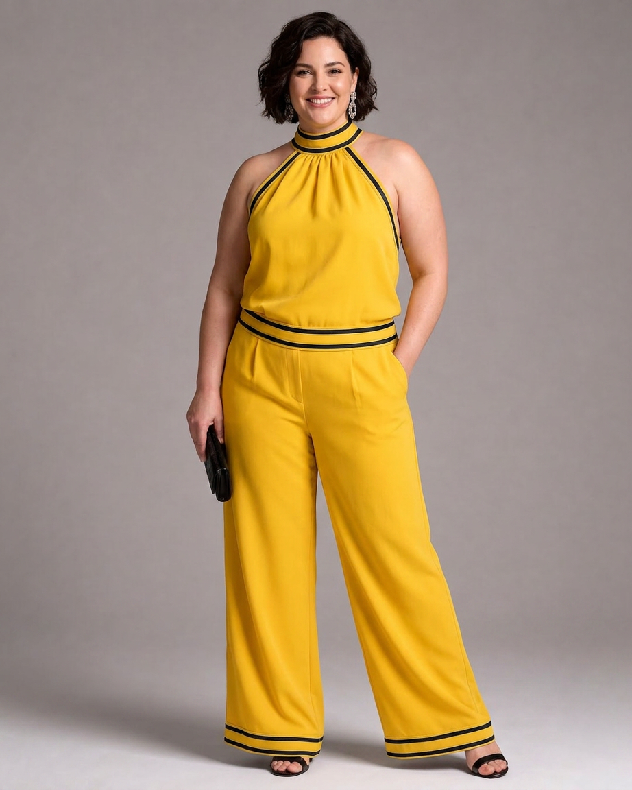 Saffraan | Contrast Trim Halter Neck Wijde Pijpen Jumpsuit