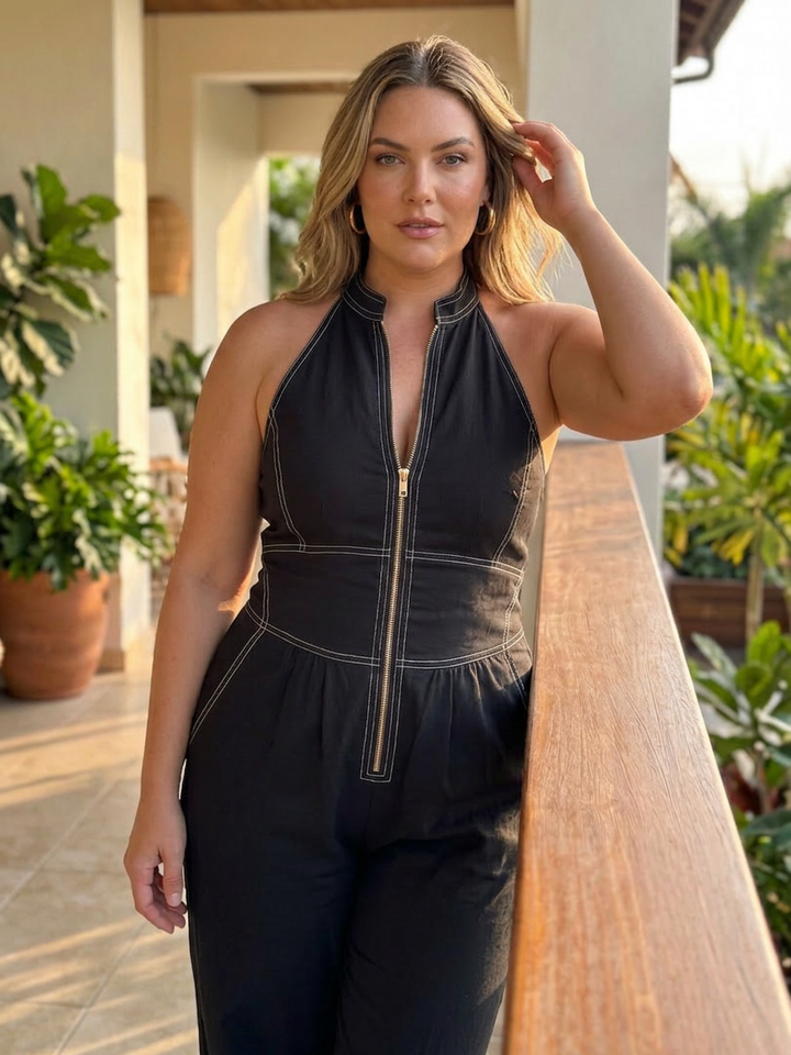 Nell | Zip Front Contrast Stitch Wide Leg Jumpsuit