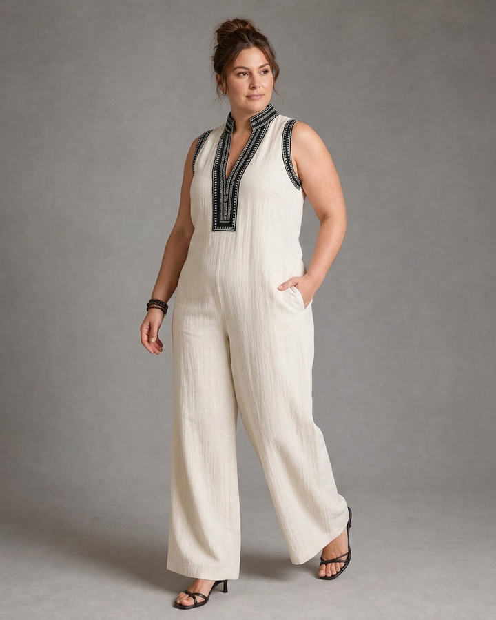 Wilhelmina | Geborduurde V-hals Mouwloze Wijde Pantalon Jumpsuit