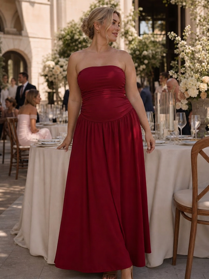 Clemence | Strapless Gerimpelde Midi-jurk