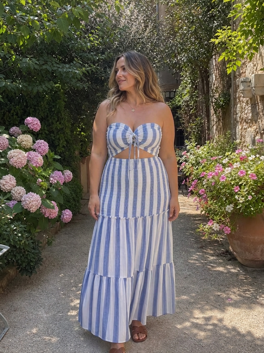Perdita | Strapless Tiered Stripe Skirt Midi Dress