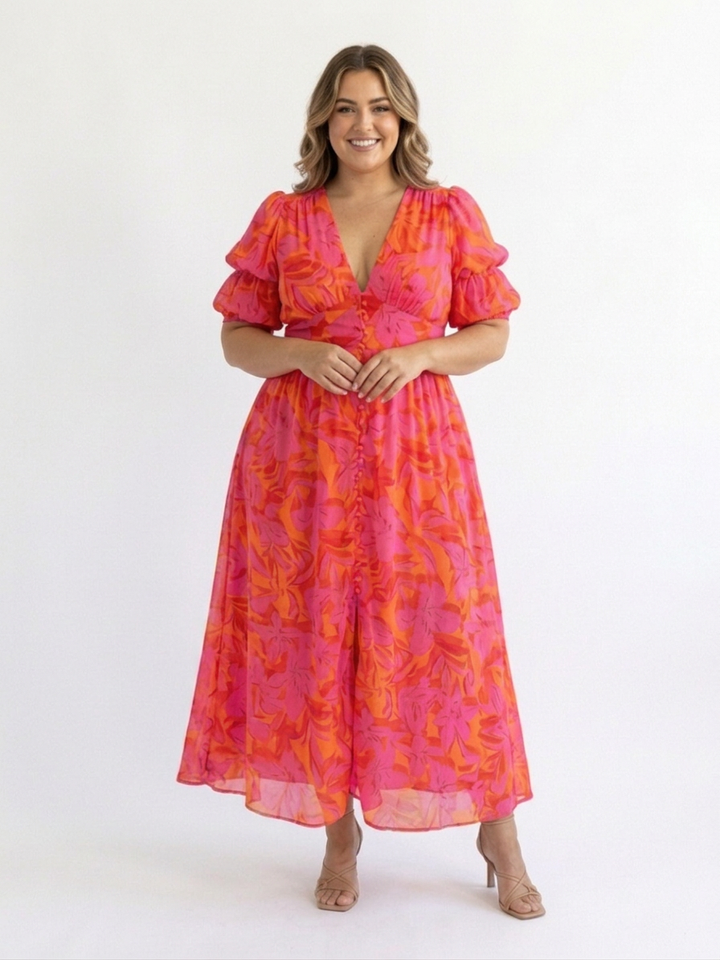 Beatrice | Bloemen V-Hals Puff Sleeve Midi Jurk