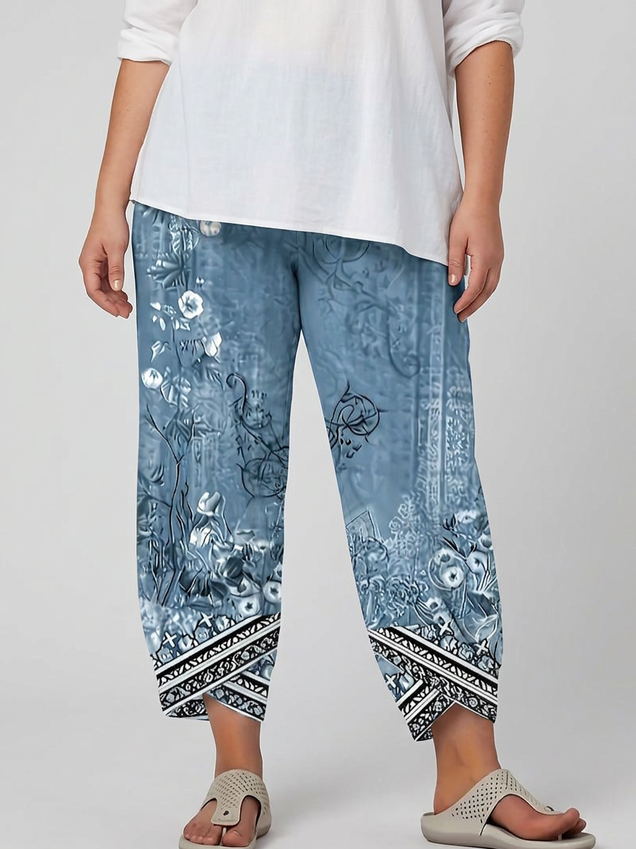Olwen | Vintage Bloemen Capri Broek Met Elastische Taille