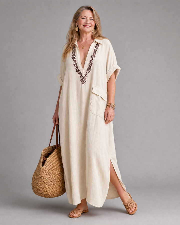 Posy | Geborduurde V-hals Pocket Detail Ontspannen Maxi Jurk