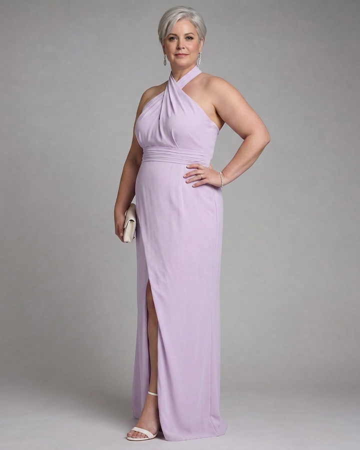 Nia | Cross Halter Draped Side Slit Midi Jurk