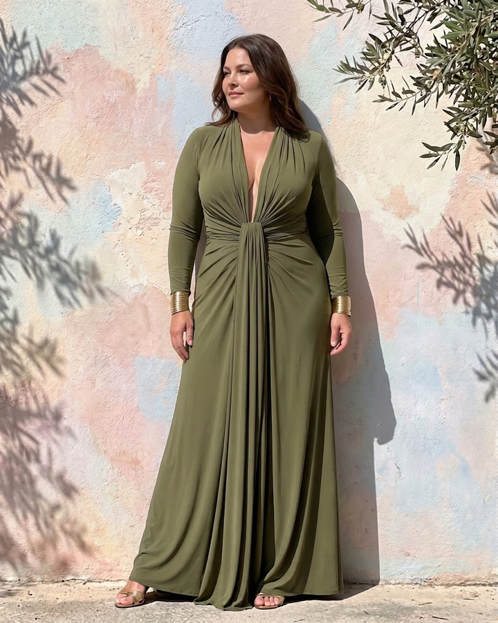 Vienne | Draped Diepe V-Hals Lange Mouwen Maxi Jurk