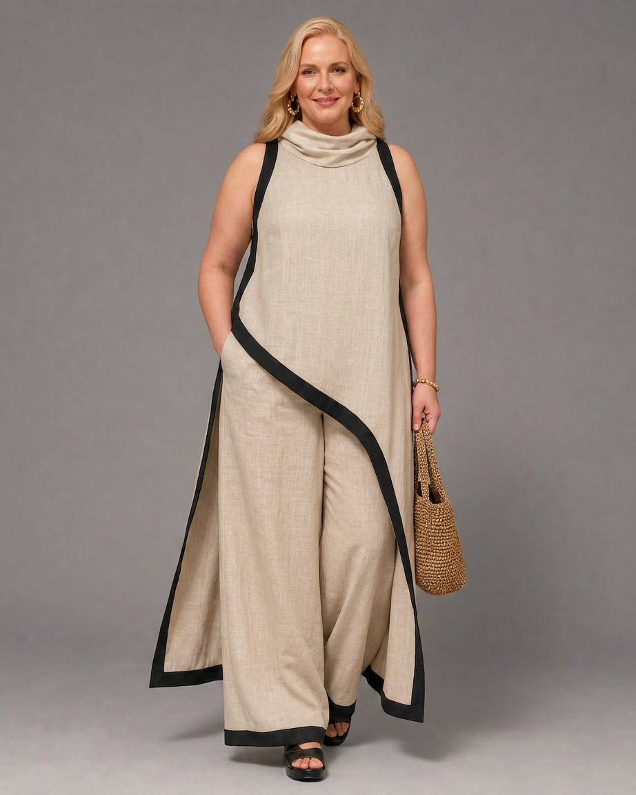 Genevieve | Mouwloze Gelaagde Top met Contrastafwerking en Brede Pantalon Set