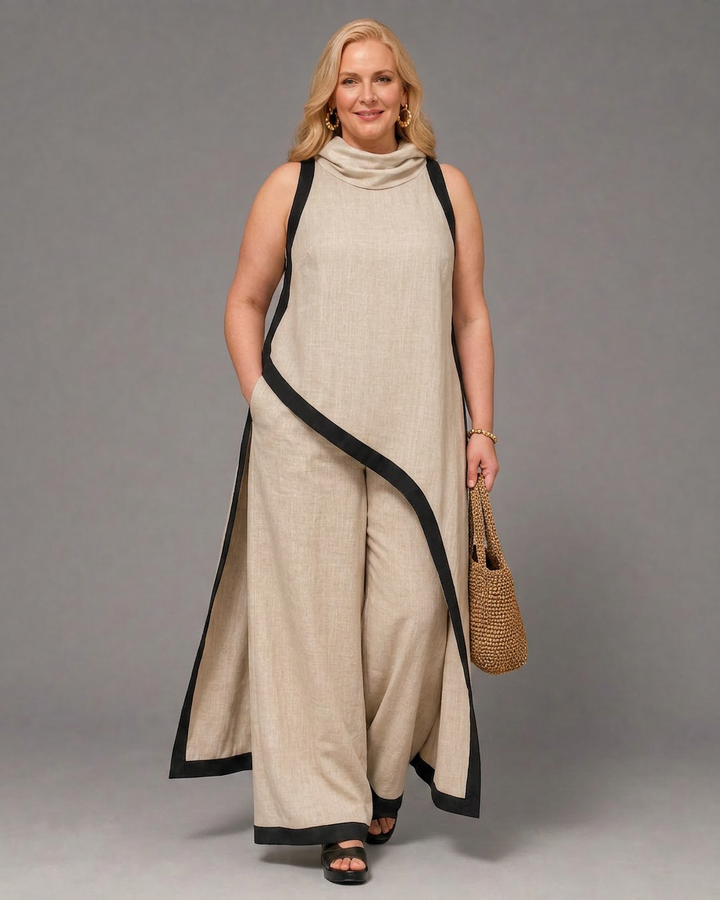 Genevieve | Mouwloze Gelaagde Top met Contrastafwerking en Brede Pantalon Set